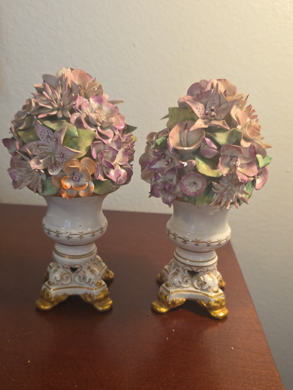 Porcelain Floral Topiary Pair in Pink and Green (Small Chips On One Item)